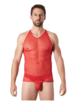 V-shirt rouge fine maille avec transparence - LM92-76RED